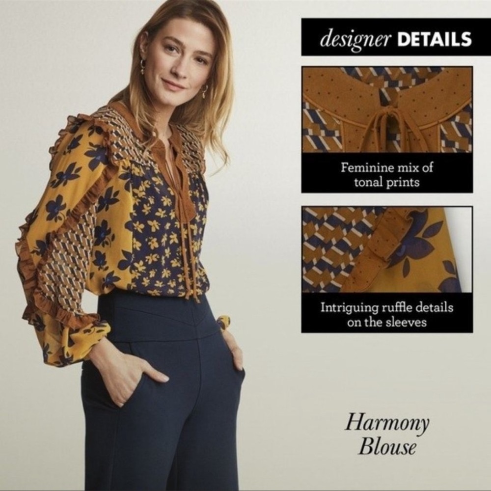 Cabi Harmony Blouse blouson ruffle Navy mustard yellow floral flowy sheer small